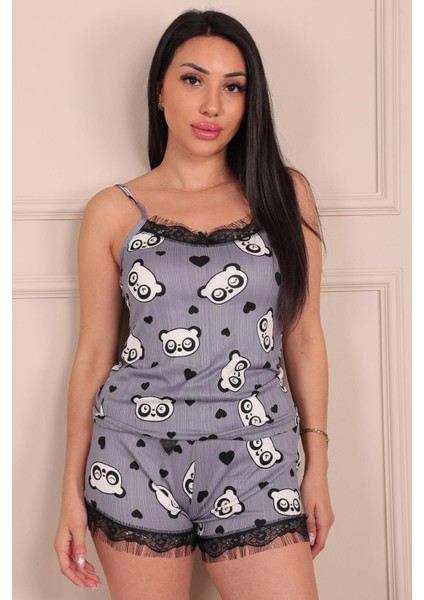 Kadın Panda Desenli Ip Askılı Şortlu Pegasus Pijama Takımı Indigo fırsatları