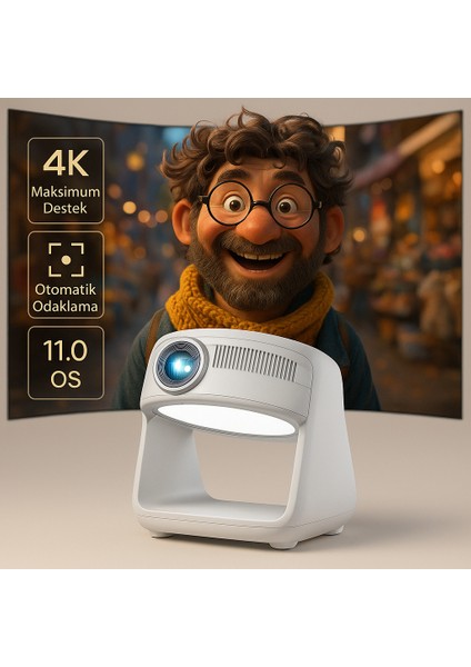 4K Destekli Akıllı Taşınabilir Şarjlı Mini Projektör – Otomatik Odaklamalı, Wi-Fi ve Android 11.0