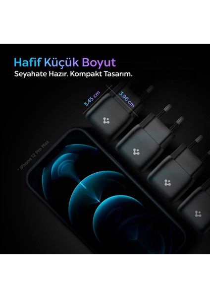 20W USB-C Mini Hızlı Şarj Aleti/Şarj Isısını Düşürür GaN Destekli Akım Korumalı Güç Adaptörü iPhone & Android & iPad Type-C Black - ACH02070