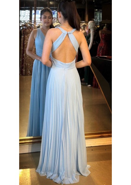 Mavi Kalın Askı Sırt Dekolteli Kloş Etekli Şifon Tül Uzun Abiye Elbise 7645 indirimleri