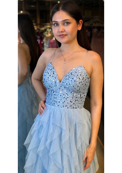 Mavi Ip Askılı Boncuk Işlemeli Sırt Dekolteli Kloş Etekli Tül Uzun Abiye Elbise 7588 fiyatları