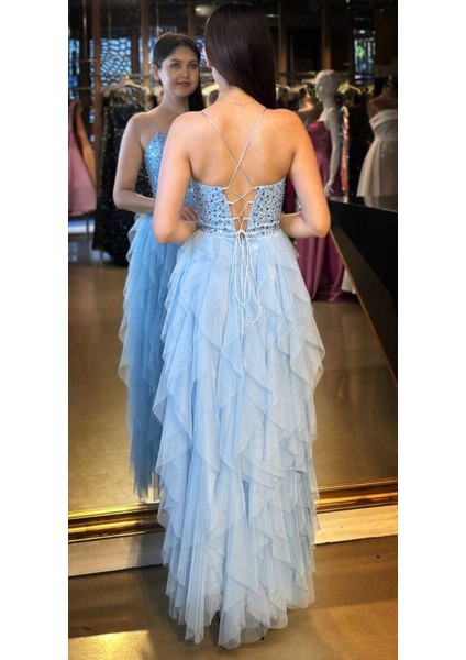 Mavi Ip Askılı Boncuk Işlemeli Sırt Dekolteli Kloş Etekli Tül Uzun Abiye Elbise 7588 fırsatları