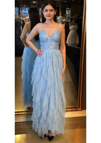 Mavi Ip Askılı Boncuk Işlemeli Sırt Dekolteli Kloş Etekli Tül Uzun Abiye Elbise 7588