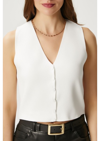 Kadın Petite Çıtçıtlı Crop Krem Triko Yelek fiyatları