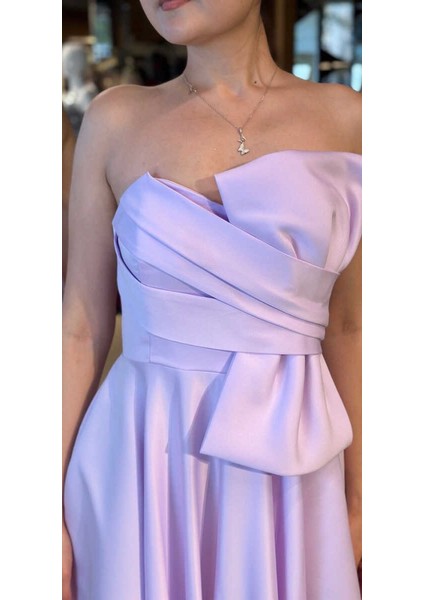 Lila Straplez Yaka Kloş Etekli Saten Midi Abiye Elbise 7657 fırsatları