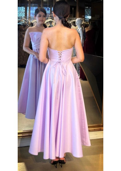 Lila Straplez Yaka Kloş Etekli Saten Midi Abiye Elbise 7657 indirimleri