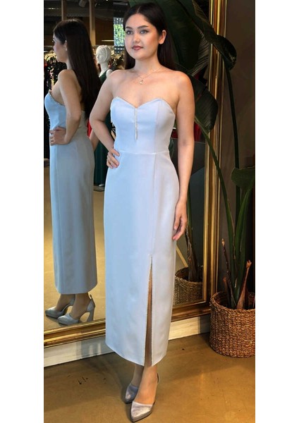 Mavi Taş Detaylı Yırtmaçlı Düz Kesim Krep Midi Abiye Elbise 7734 fiyatları