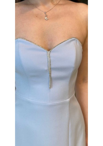 Mavi Taş Detaylı Yırtmaçlı Düz Kesim Krep Midi Abiye Elbise 7734 fırsatları