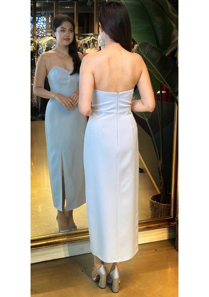 Mavi Taş Detaylı Yırtmaçlı Düz Kesim Krep Midi Abiye Elbise 7734 indirimleri