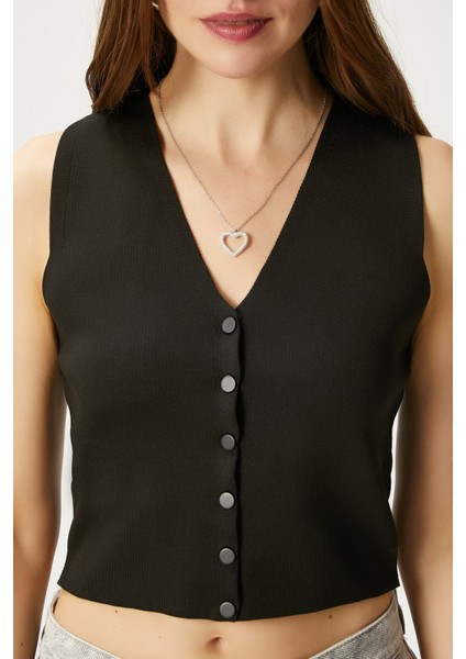 Kadın Petite Çıtçıtlı Crop Siyah Triko Yelek fiyatları