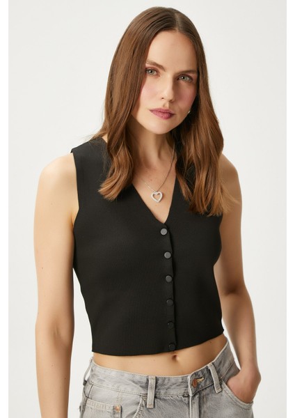 Kadın Petite Çıtçıtlı Crop Siyah Triko Yelek modelleri