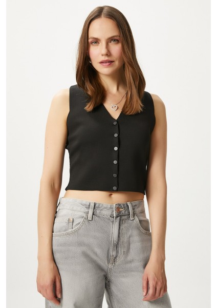 Kadın Petite Çıtçıtlı Crop Siyah Triko Yelek indirimleri