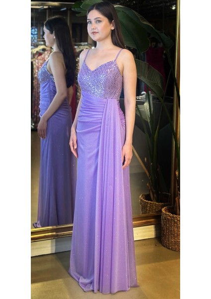 Lila Ip Askılı Düz Kesim Simli Uzun Abiye Elbise 7767 fiyatları