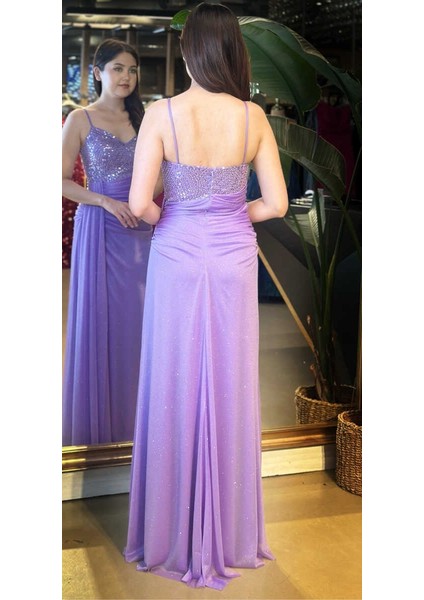 Lila Ip Askılı Düz Kesim Simli Uzun Abiye Elbise 7767 fırsatları