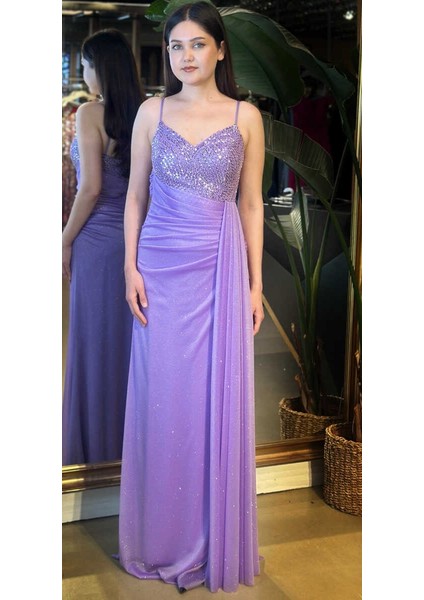 Lila Ip Askılı Düz Kesim Simli Uzun Abiye Elbise 7767