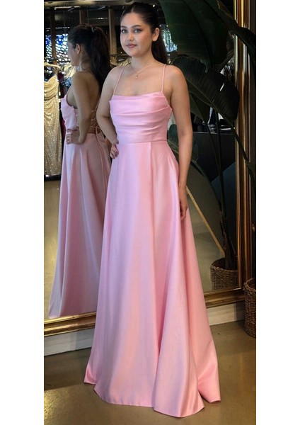 Pembe Ip Askılı Sırt Dekolteli Kloş Etekli Saten Uzun Abiye Elbise 7764 fiyatları