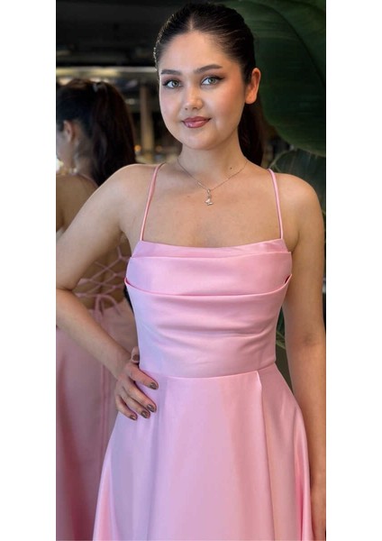 Pembe Ip Askılı Sırt Dekolteli Kloş Etekli Saten Uzun Abiye Elbise 7764 modelleri