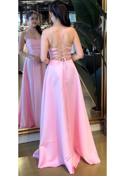 Pembe Ip Askılı Sırt Dekolteli Kloş Etekli Saten Uzun Abiye Elbise 7764 indirimleri