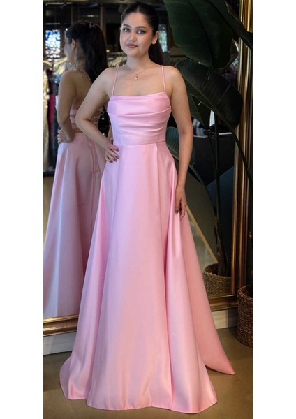 Pembe Ip Askılı Sırt Dekolteli Kloş Etekli Saten Uzun Abiye Elbise 7764