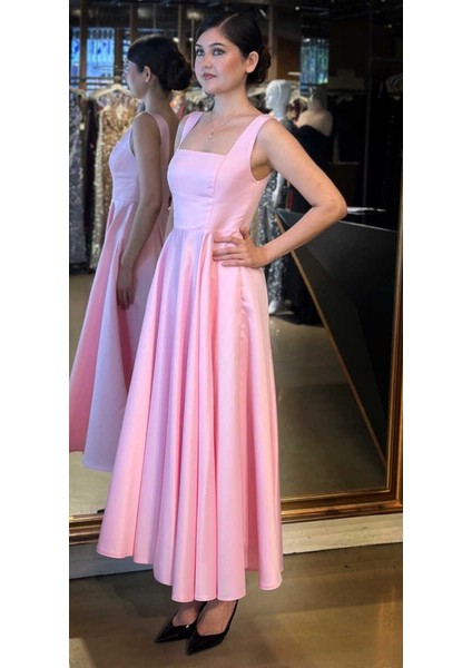 Pembe Kalın Askı Kloş Etekli Saten Midi Abiye Elbise 7631 fiyatları