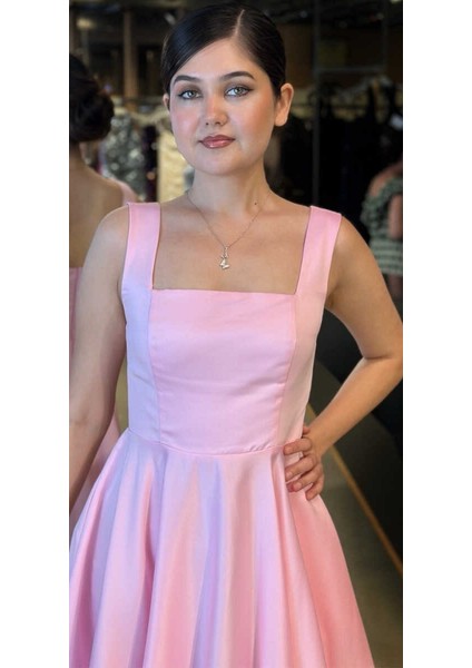 Pembe Kalın Askı Kloş Etekli Saten Midi Abiye Elbise 7631 modelleri