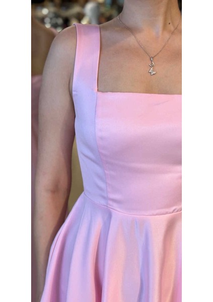 Pembe Kalın Askı Kloş Etekli Saten Midi Abiye Elbise 7631 fırsatları