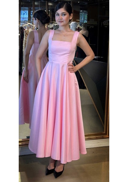 Pembe Kalın Askı Kloş Etekli Saten Midi Abiye Elbise 7631