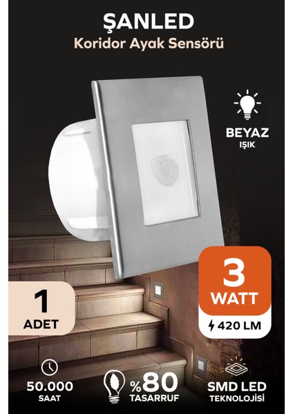 3W Beyaz Işık Koridor Ayak Radar Sensörlü Led Geçmeli Spot Aydınlatma 1 Adet