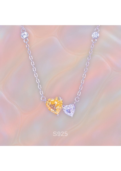 Çift Kalpli Renkli Zirkon Kolye - 925 Ayar Gümüş - Kalbimiz Yanyana