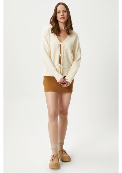 Kadın Tena Bağcıklı Krem Triko Hırka