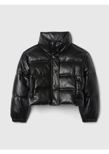 Kadın Siyah Vegan Deri Crop Puffer Şişme Mont fiyatları