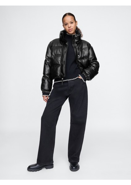 Kadın Siyah Vegan Deri Crop Puffer Şişme Mont fırsatları