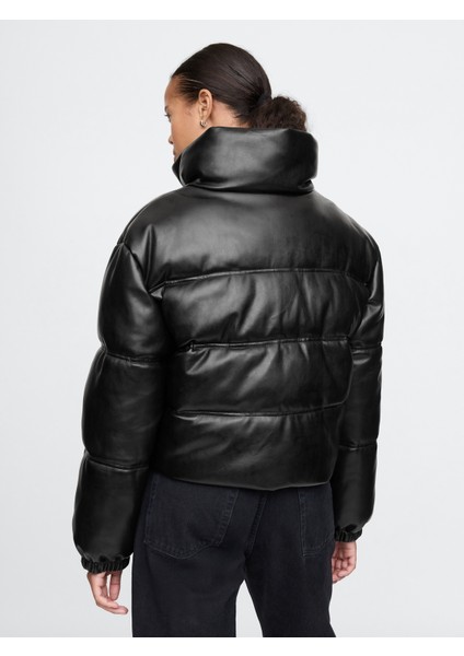Kadın Siyah Vegan Deri Crop Puffer Şişme Mont indirimleri