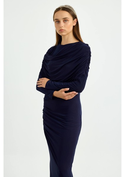 Lacivert Omuz Detaylı Drape Elbise