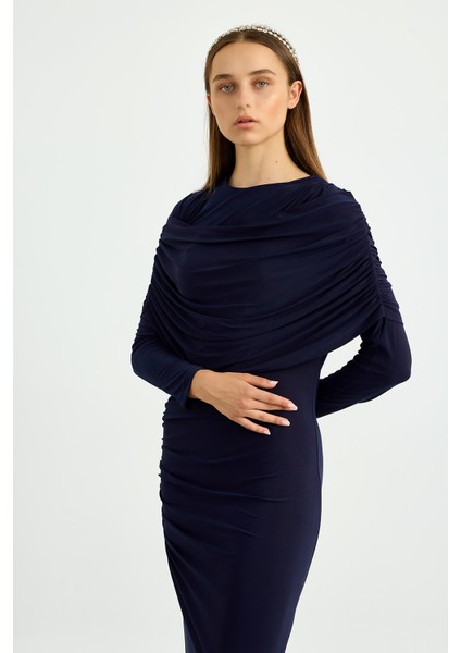 Lacivert Omuz Detaylı Drape Elbise