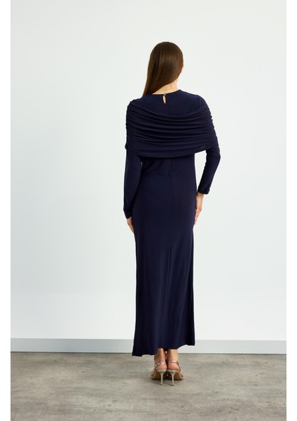 Lacivert Omuz Detaylı Drape Elbise