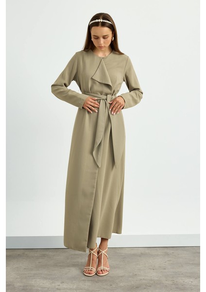 Haki Yaka Detaylı Kuşaklı Elbise modelleri