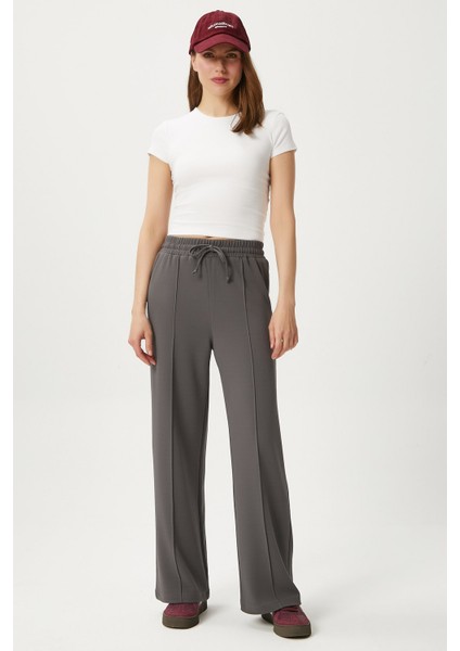 Kadın Moment Bağcıklı Likralı Bel Lastikli Antrasit Palazzo Pantolon