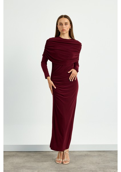 Bordo Omuz Detaylı Drape Elbise