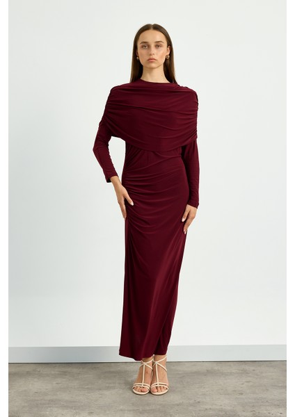 Bordo Omuz Detaylı Drape Elbise fiyatları