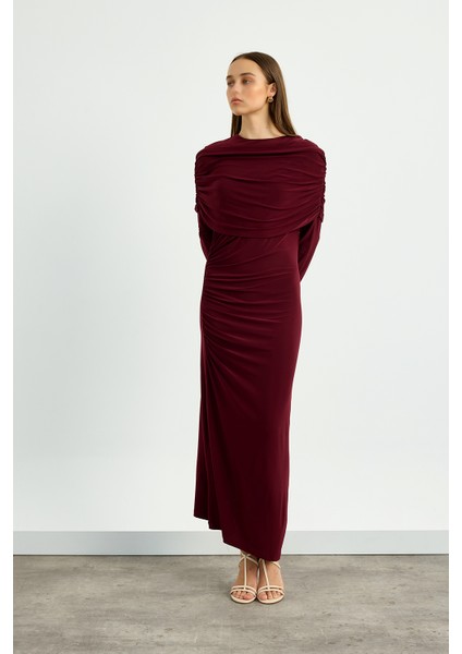 Bordo Omuz Detaylı Drape Elbise modelleri