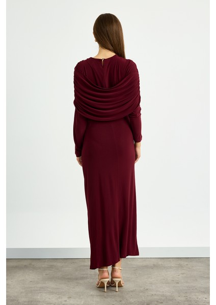 Bordo Omuz Detaylı Drape Elbise