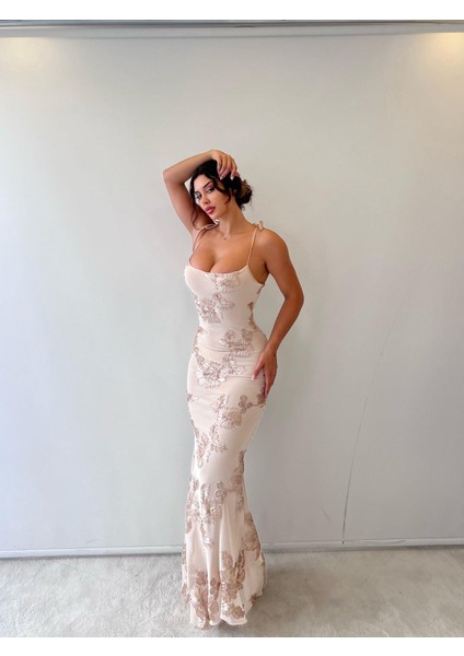 Bej Ayarlanabilir Askılı Çiçekli Astarlı Maksi modelleri