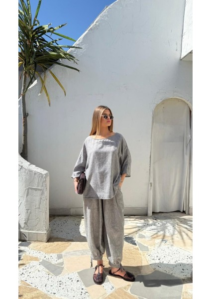 Bohem Kesim Asimetrik Bluz ve Pantolon Takım