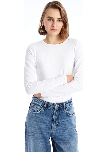 Lcwaıkıkı Basic Beyaz Bisiklet Yaka Kadın Body