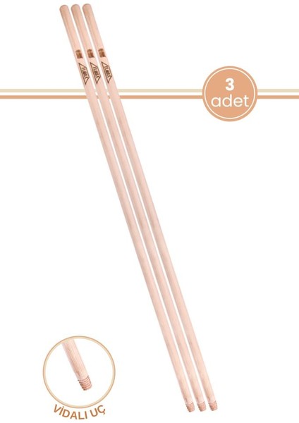 3 Adet Vidalı Ağaç Sap 120 cm, Çekpas Paspas Fırça Süpürge Mop Sapı Ahşap 3’lü Set (Standart Uç)