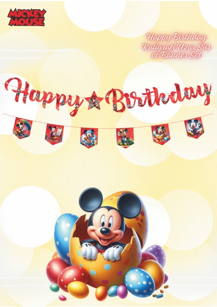 Mickey Mouse Happy Birthday Kaligrafi ve Banner Set