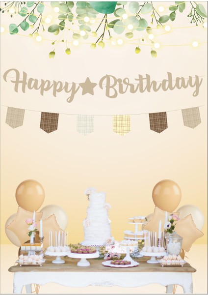 Retro Açık Kahve Happy Birthday Kaligrafi ve Banner Set