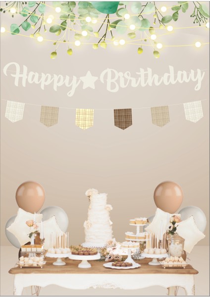 Retro Vanilya Happy Birthday Kaligrafi ve Banner Set