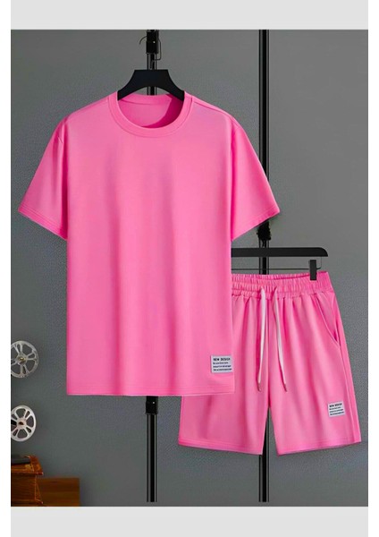 New Desıgn T-Shirt Şort - Pembe Alt Üst Kombin Şort Tişört Takım Baskılı Oversize Bisiklet Yaka fiyatları